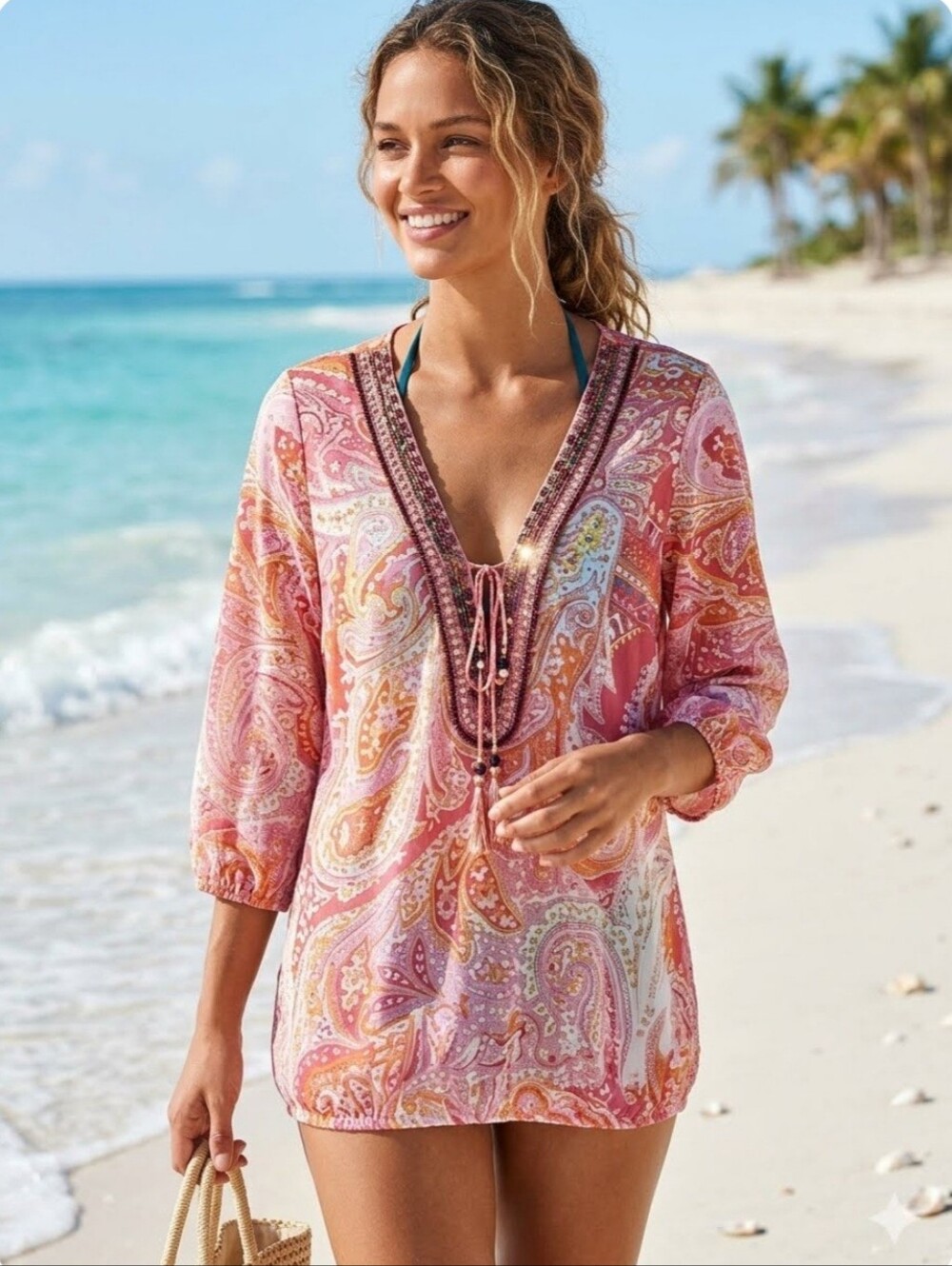 New INC Beach Boho Sheer Beaded V-neck Embellished Paisley Swim Cover Medium